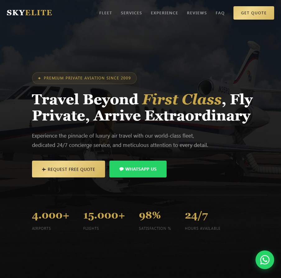 Private jet charter premium landing page mockup